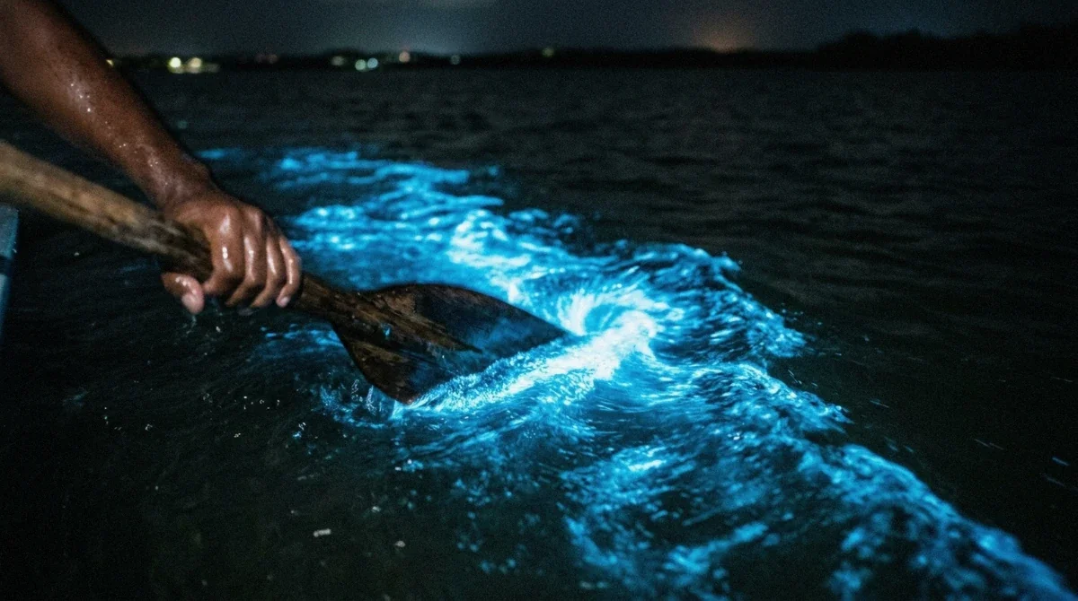 Bright blue bioluminescent wake spreading behind a moving paddle in dark water in Puerto Rico
