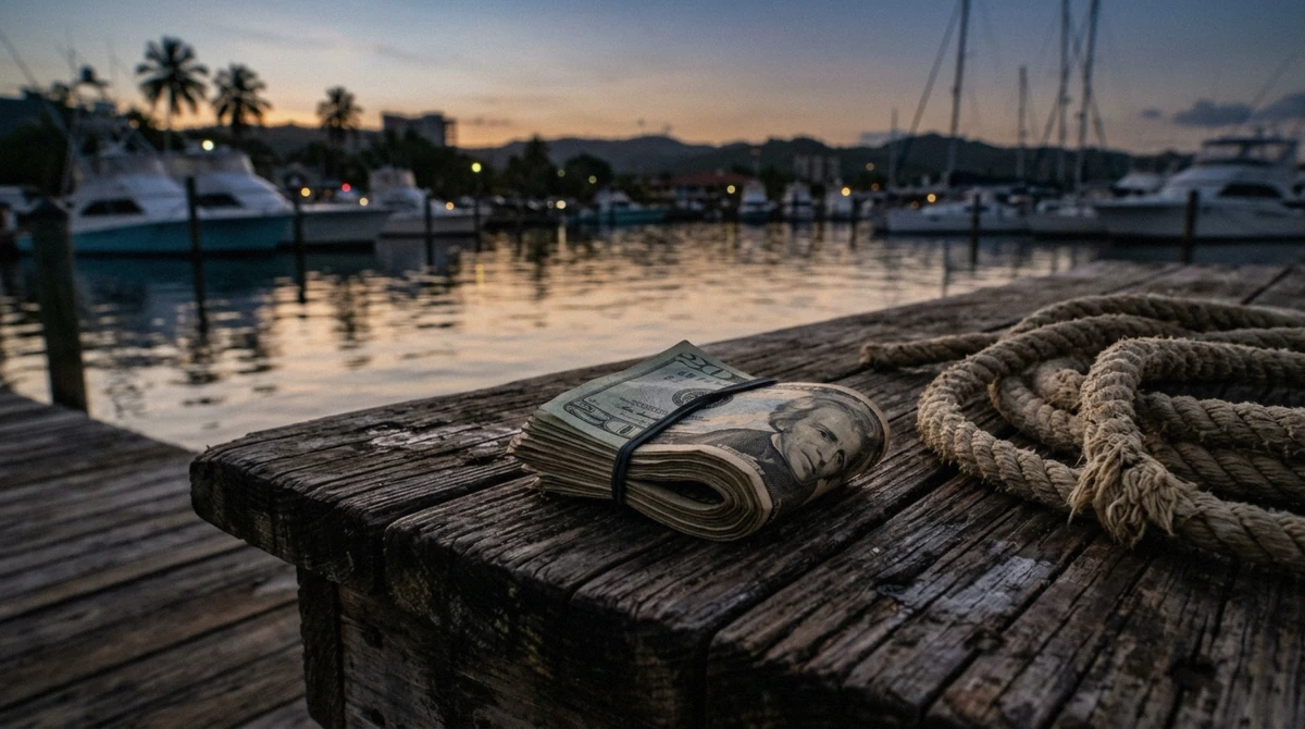 Cash bills and a small tip envelope on a wooden dock table beside a boat in Puerto Rico