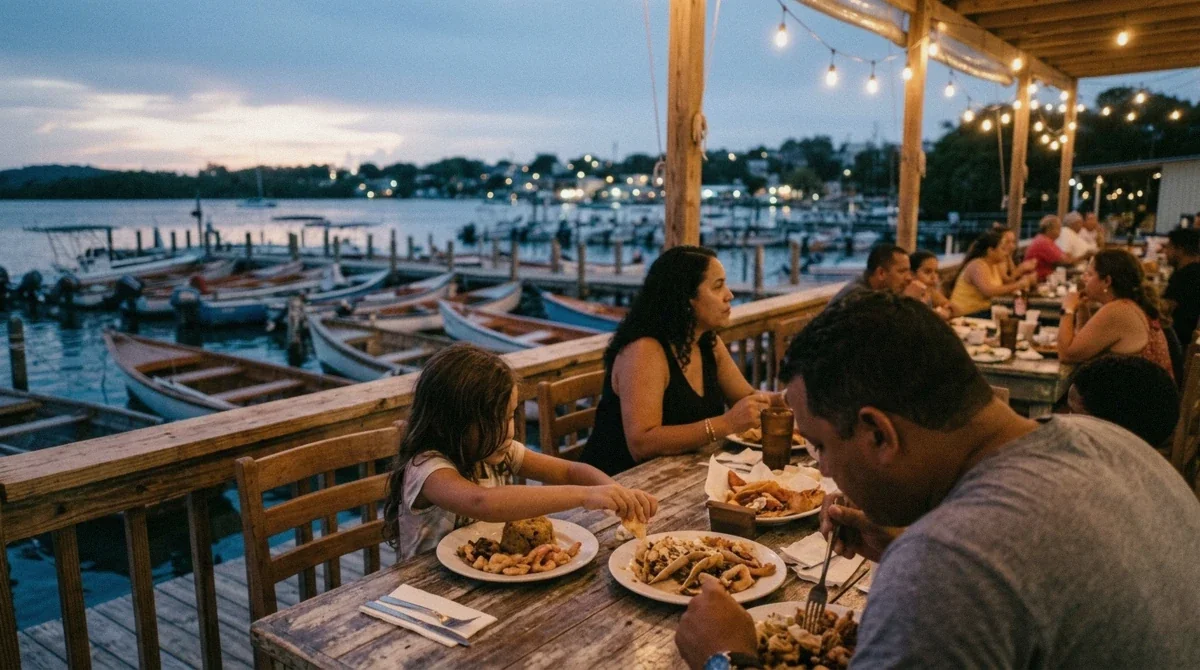 Evening waterfront with restaurants and boats at La Parguera, Lajas, Puerto Rico