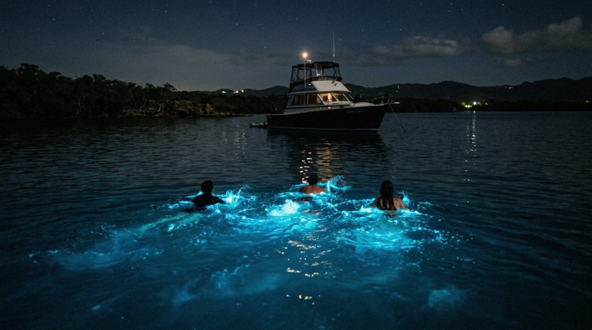 Small group swimming in glowing blue water at night with a private boat anchored behind in La Parguera, Puerto Rico