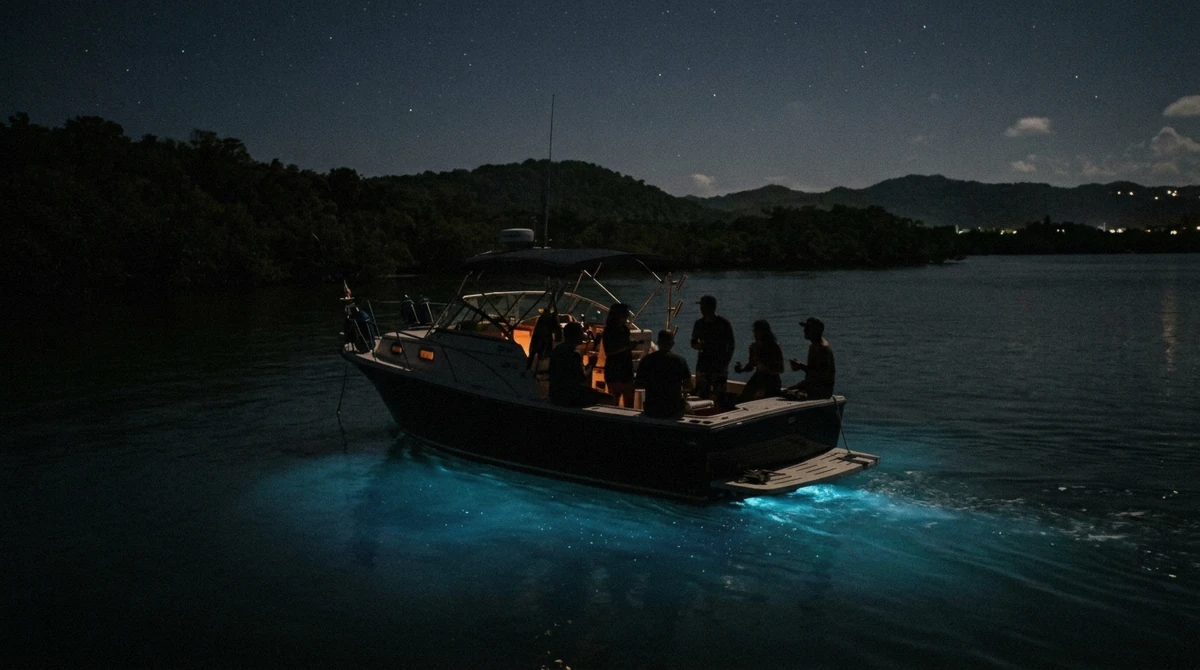 Private boat with a small group anchored in a dark bay at night in La Parguera, Puerto Rico