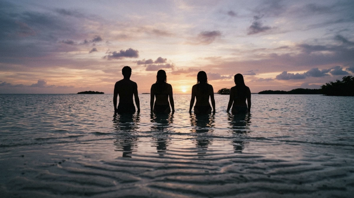 Small group standing in waist-deep clear water at an empty sandbar at sunset in La Parguera, Puerto Rico