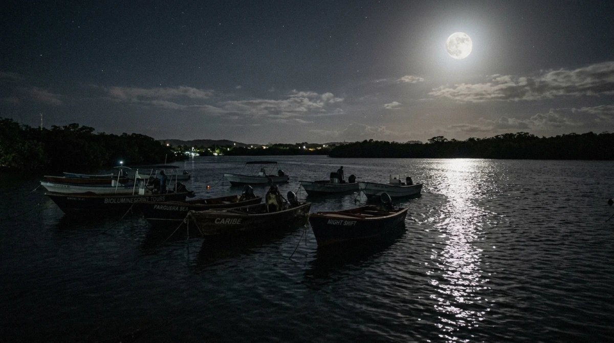 Crowded tour boats anchored in a dark bay under moonlight in Puerto Rico