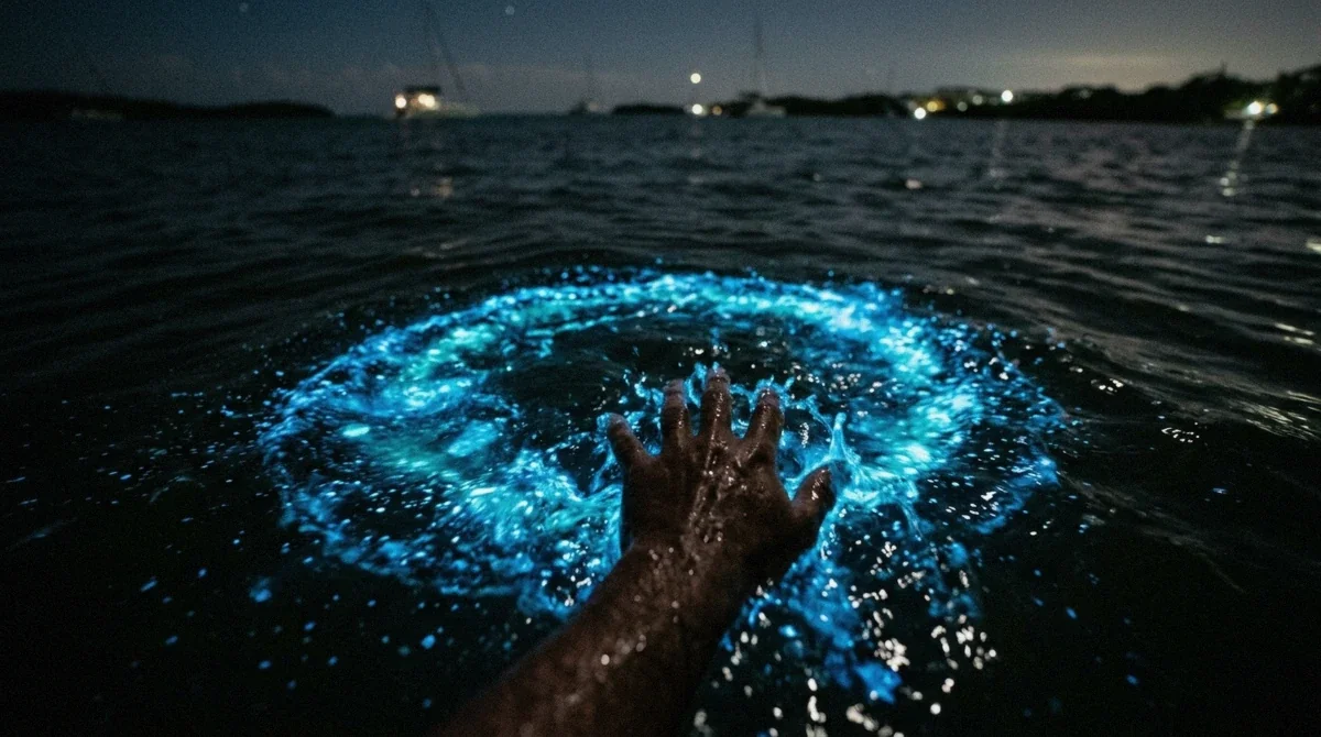 Hand breaking the surface of dark water into a ring of blue bioluminescent light in La Parguera, Puerto Rico