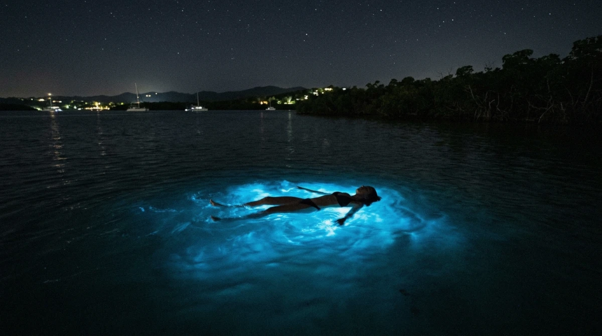 Swimmer floating in glowing blue water at night in La Parguera bioluminescent bay, Puerto Rico