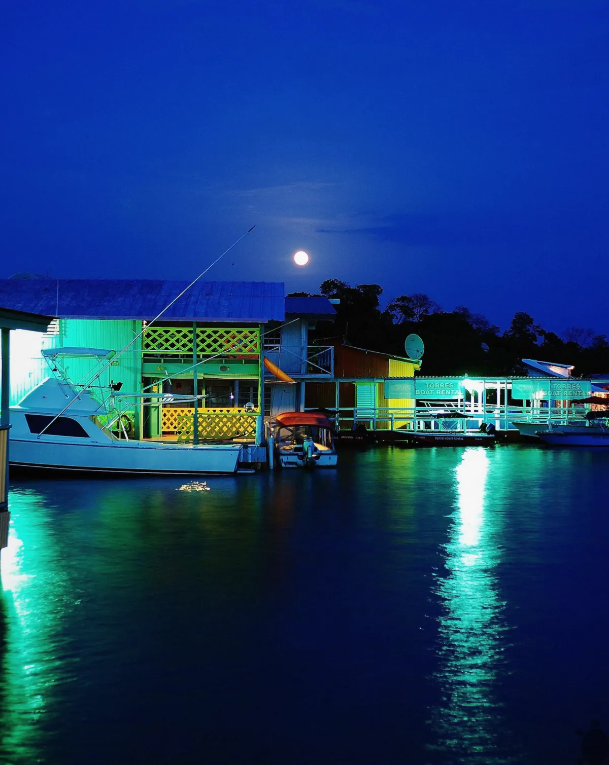 Full moon rising over the dock at La Parguera in Lajas, Puerto Rico