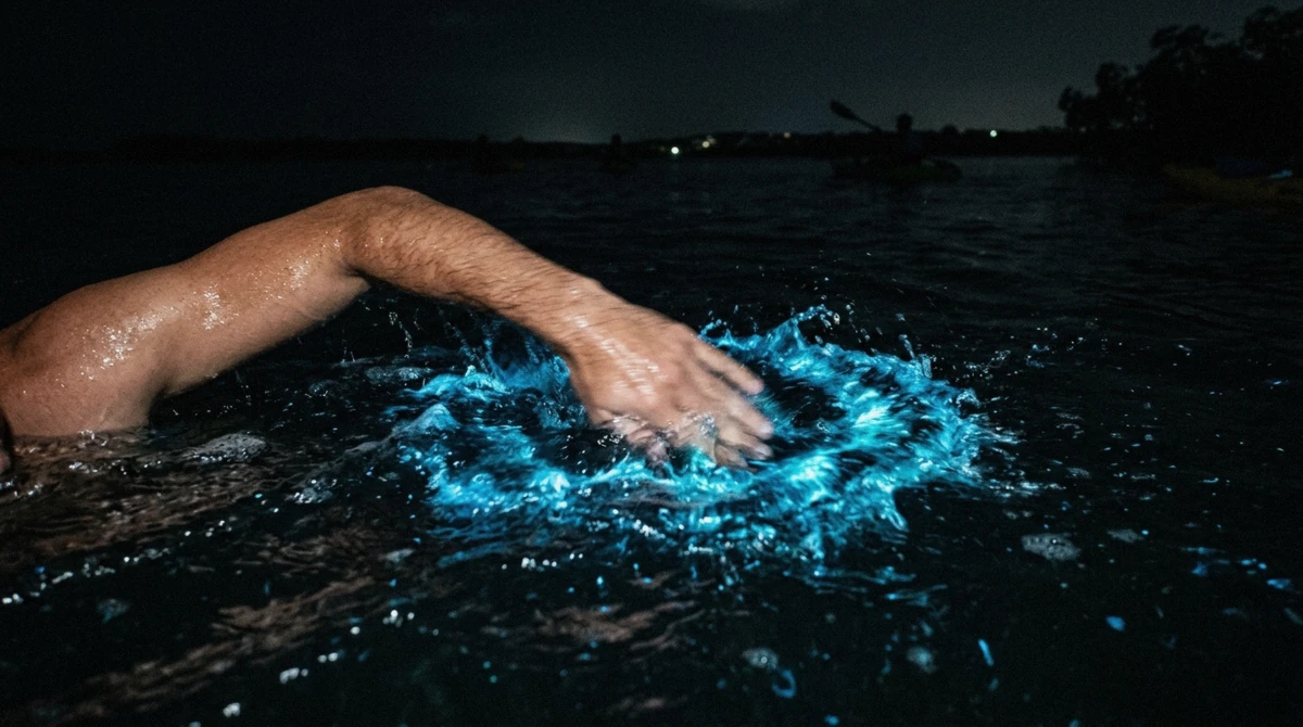 Hand and arm trailing blue bioluminescent light while swimming in La Parguera bioluminescent bay, Puerto Rico