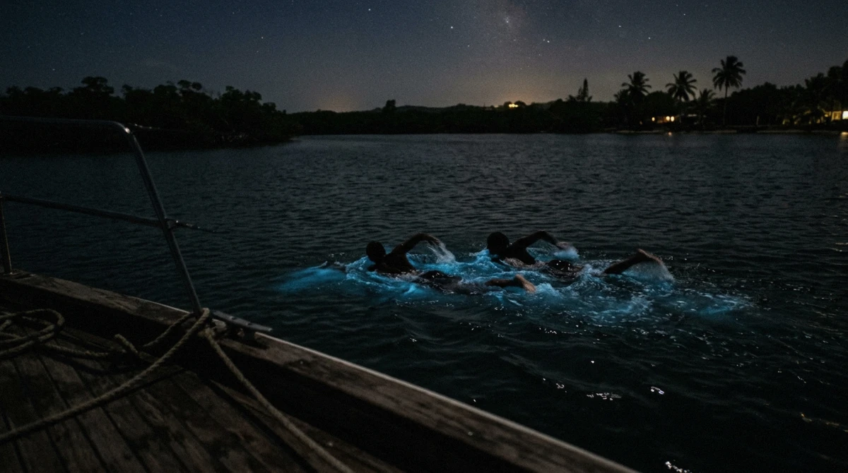Swimmers in dark water surrounded by faint blue bioluminescent glow in La Parguera bioluminescent bay, Puerto Rico
