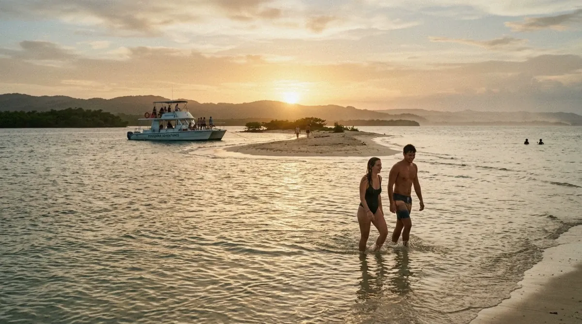 Golden sunset over the water from a shallow sandbar with a tour boat anchored nearby in La Parguera, Puerto Rico