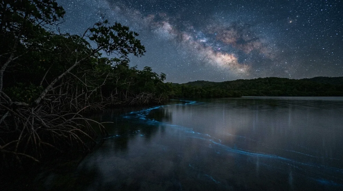 Dark mangrove shoreline under stars with a faint blue glow trailing across the water in La Parguera, Puerto Rico
