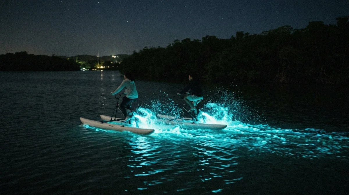 Two water bikes pedalling side by side through faint glowing water after dark in La Parguera, Puerto Rico