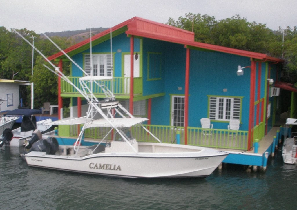 Small house and palm trees in the fishing village of La Parguera, Lajas, Puerto Rico