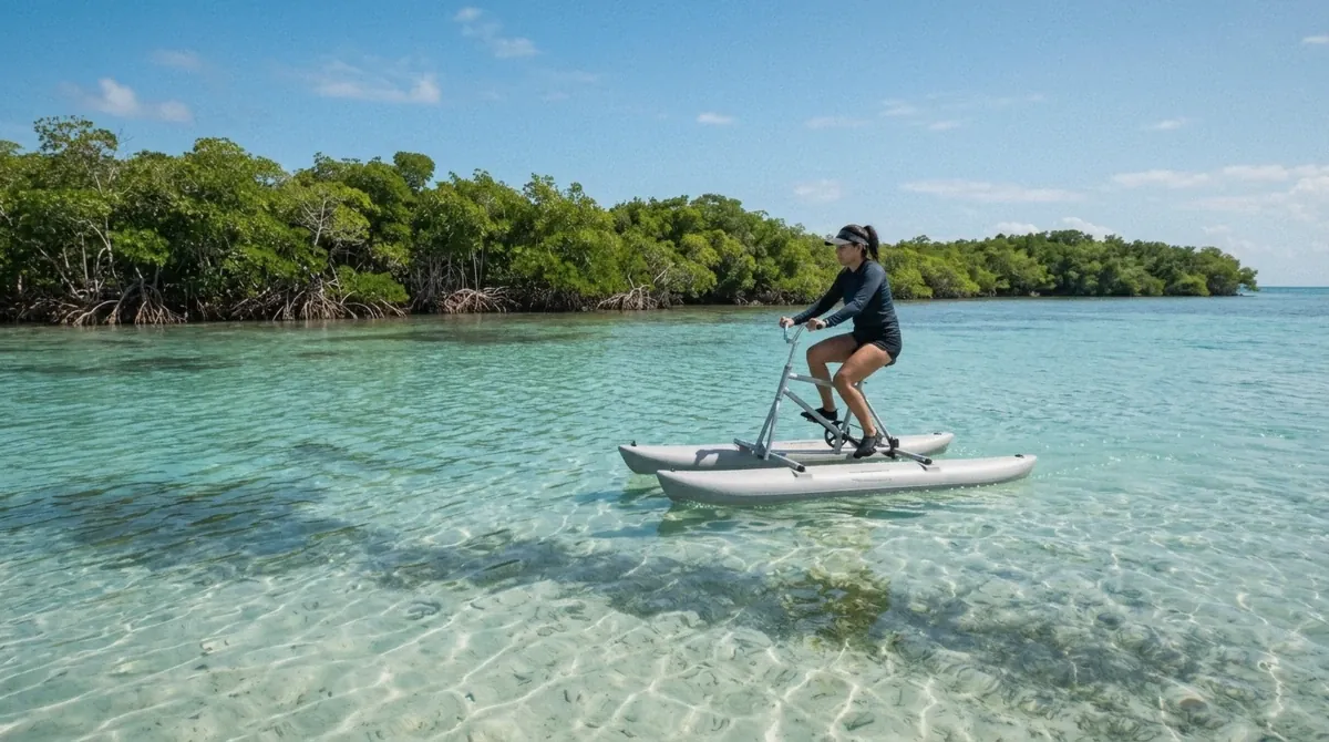 Rider on a water bike over clear turquoise shallows with a mangrove cay behind in La Parguera, Puerto Rico