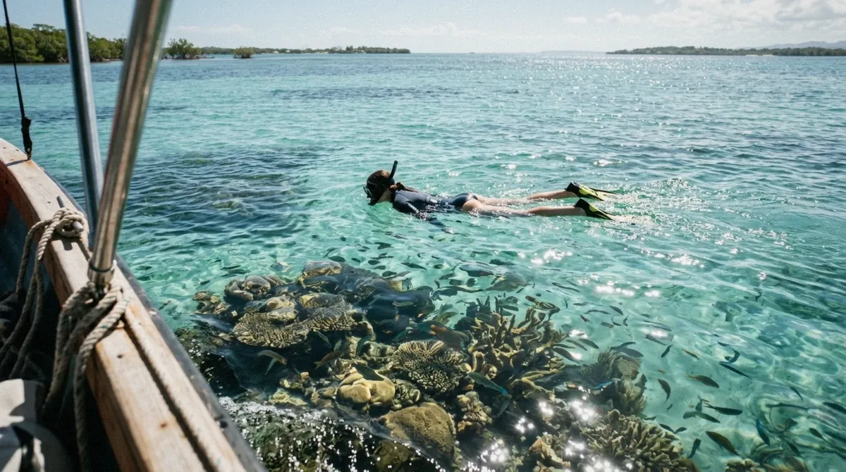 Snorkeller floating over a shallow reef with small fish in clear water near La Parguera, Puerto Rico